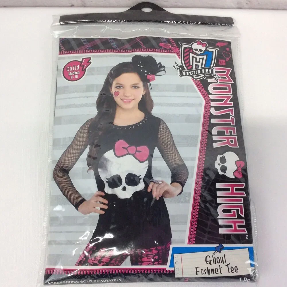 Monster High Ghoul Fishnet Black T-Shirt Costume Skullette W/Pink Bow Sz M(8-10)